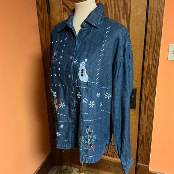 Vtg Y2K embroidered snowman denim shirt - Picture 10 of 10